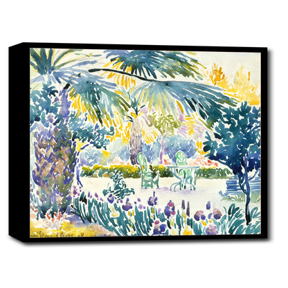 A framed art print of a vibrant garden scene with a prominent use of blue and green colors, depicting flowers, trees, and a bench.