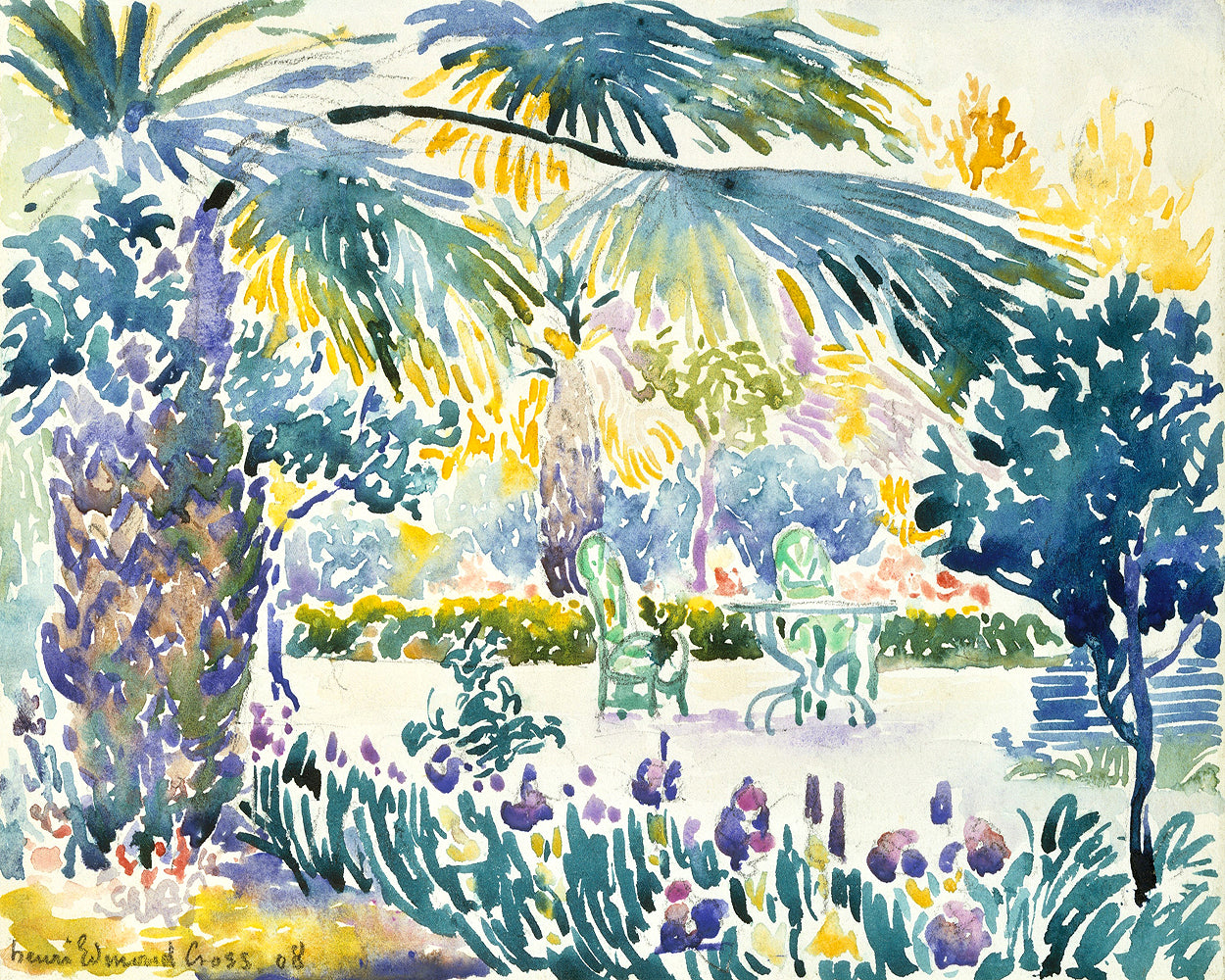 A framed art print of a vibrant garden scene with a prominent use of blue and green colors, depicting flowers, trees, and a bench.