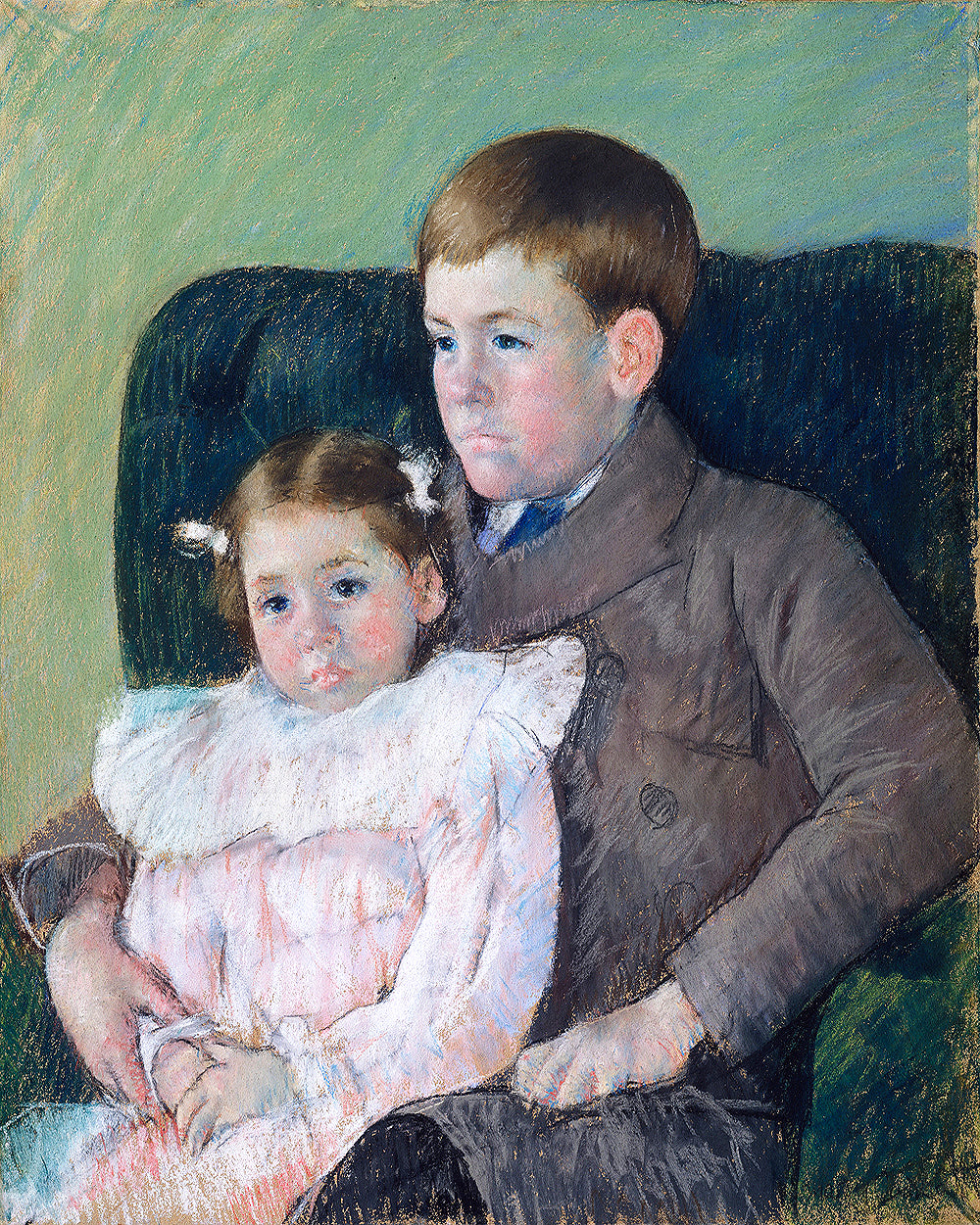 Two children sitting on a couch, painted in a style that emphasizes texture and color.