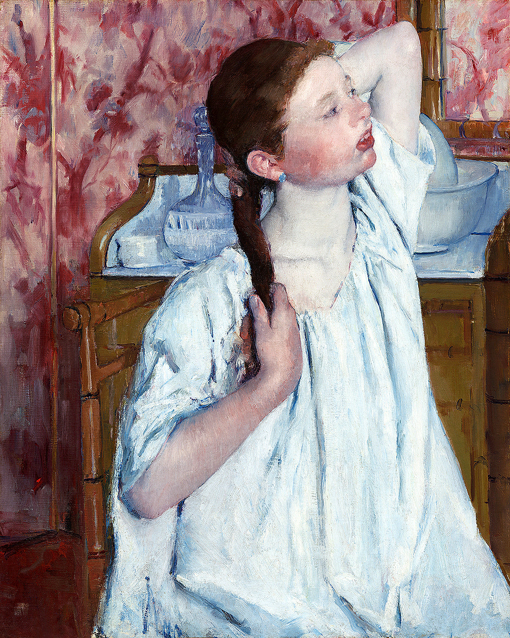 Painting of a woman in a blue dress sitting in a room with pink walls.