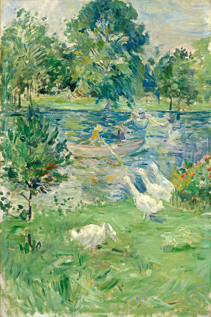 A framed print of a painting featuring a woman in a boat with geese, surrounded by greenery.