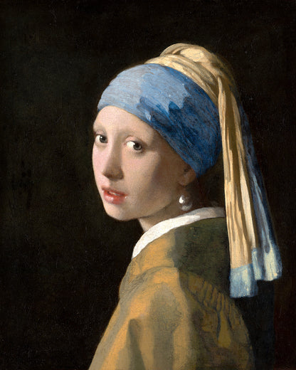 A printed portrait of 'Girl with a Pearl Earring' by Johannes Vermeer, with a focus on the subject wearing a blue headscarf and a pearl earring, framed in a black frame.