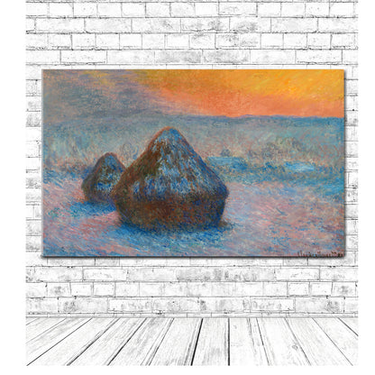 A printed art piece featuring haystacks in a field with a sunset in the background, predominantly in shades of orange, blue, and gray.