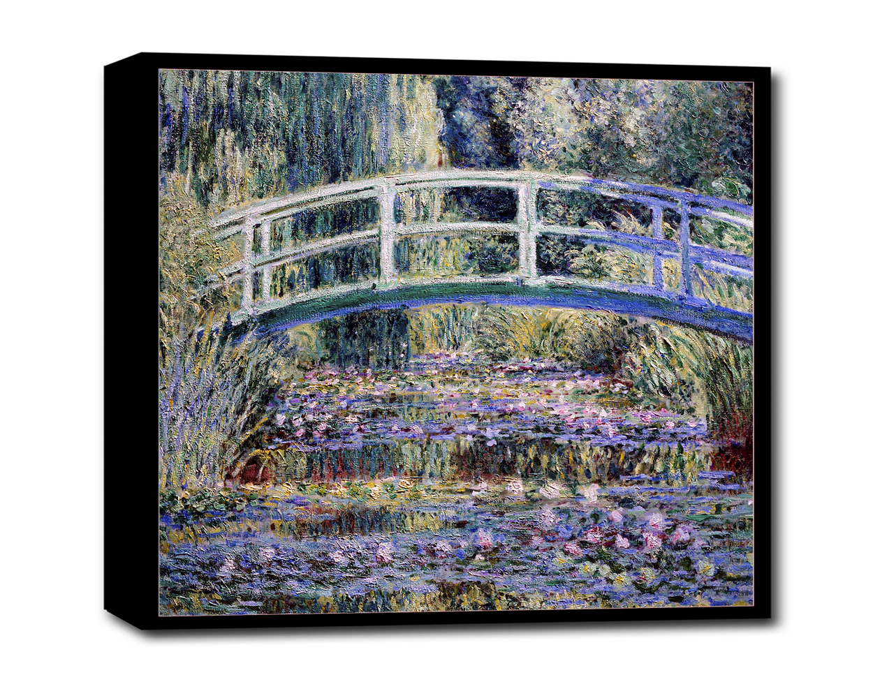 A framed print of 'Water Lilies and Japanese Bridge' by Claude Monet, depicting a scenic view with a bridge over a pond surrounded by greenery.