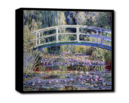 A framed print of 'Water Lilies and Japanese Bridge' by Claude Monet, depicting a scenic view with a bridge over a pond surrounded by greenery.