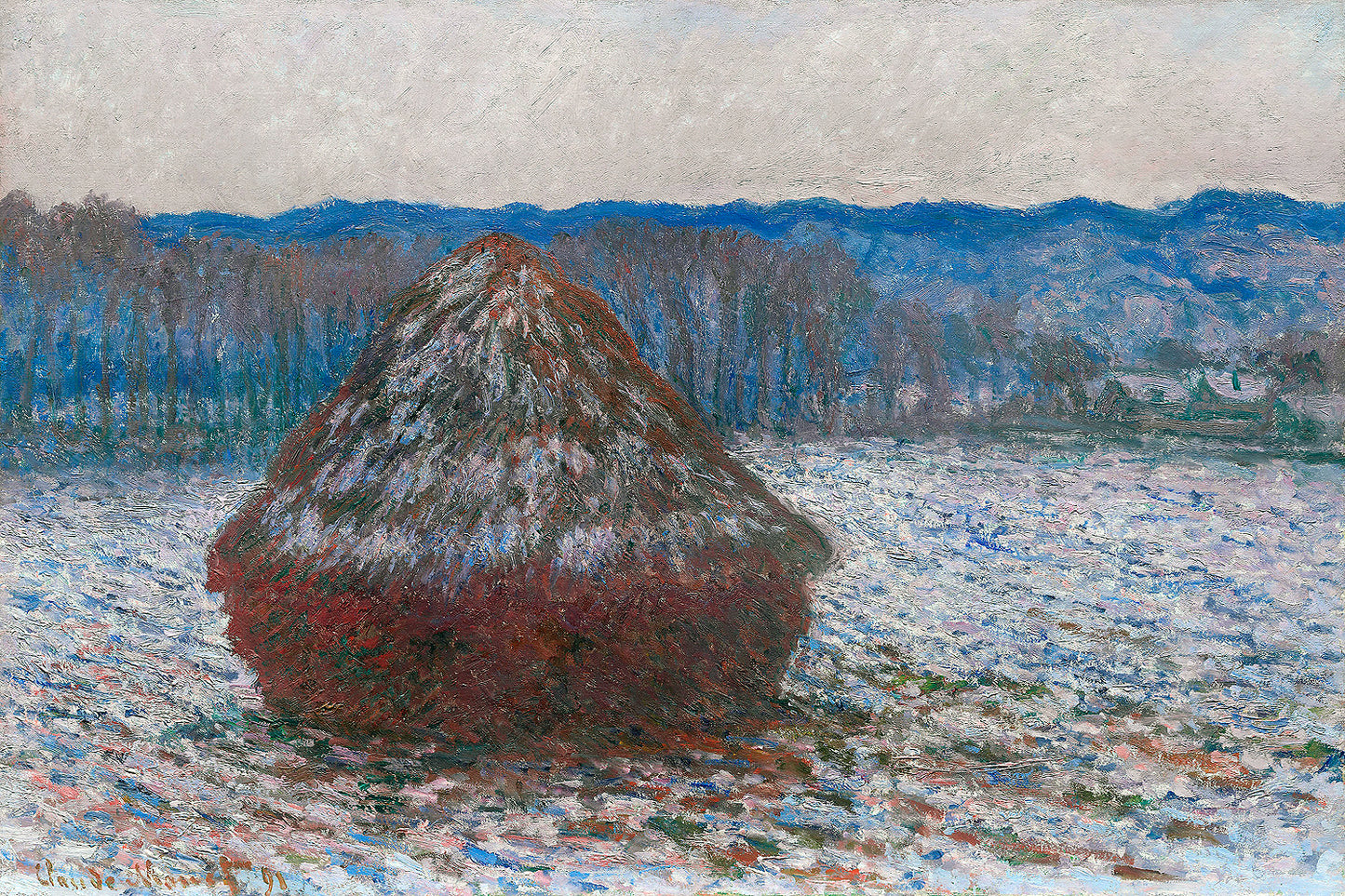 A printed art piece featuring 'Haystacks' by Claude Monet, with a red haystack in the foreground and a blue-toned landscape in the background, framed in a simple black frame.