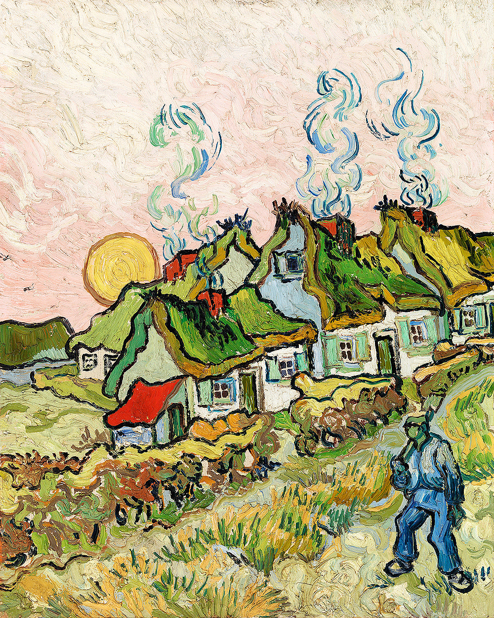 A printed art piece featuring a village scene with houses and a figure, in the style of Vincent Van Gogh's artwork.
