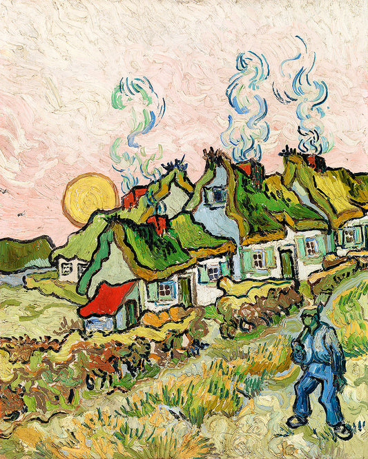 A printed art piece featuring a village scene with houses and a figure, in the style of Vincent Van Gogh's artwork.
