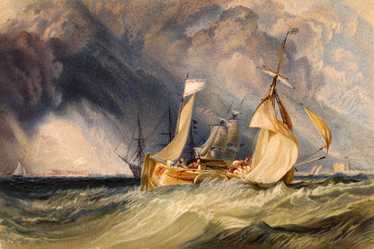 A framed print depicting a landscape with ships on a stormy sea, bordered by a dark frame.