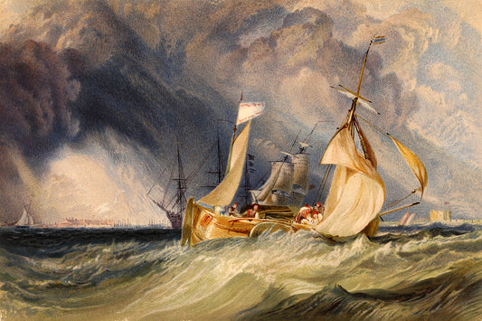 A framed print depicting a landscape with ships on a stormy sea, bordered by a dark frame.