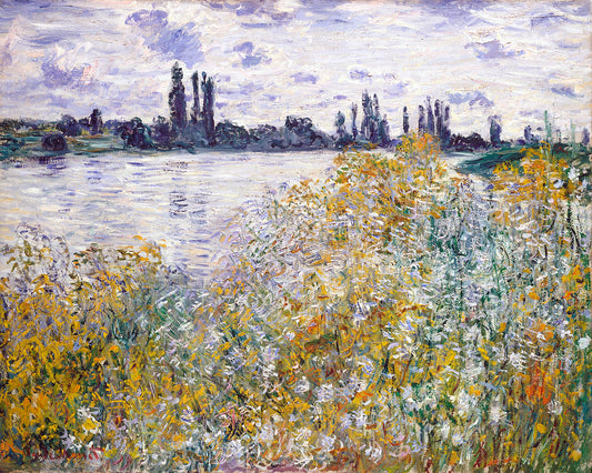 A framed print of a landscape painting featuring a field of flowers with a river and trees in the background, predominantly in yellow and green colors.