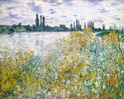A framed print of 'Banks of the Seine, Vetheuil (1880)' by Claude Monet, depicting a landscape with a river and trees.