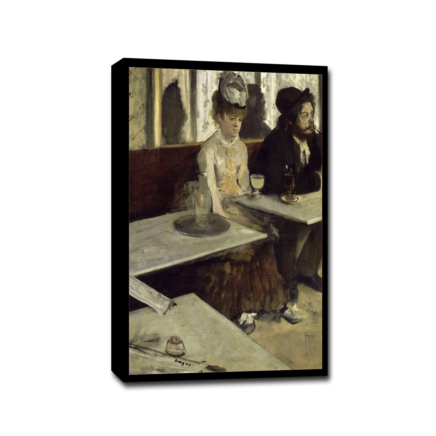 A framed print of a painting depicting two individuals seated at a table, with options to mount or frame it in different colors.