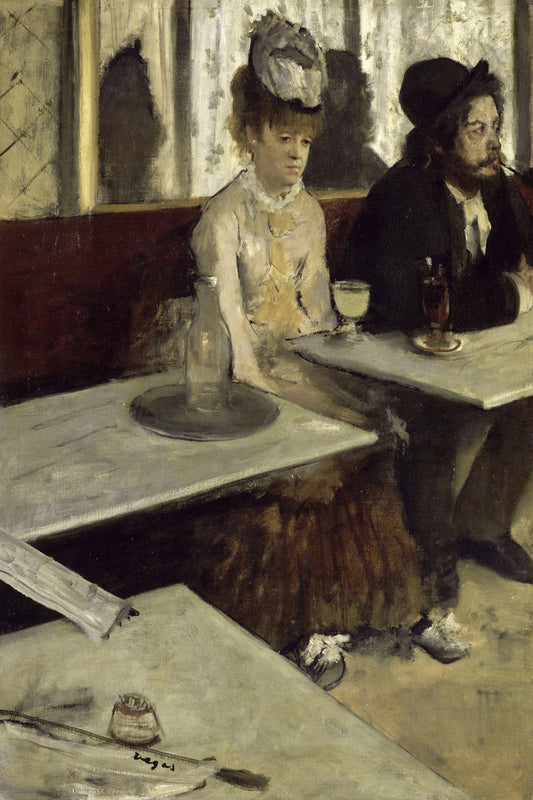 A framed print of a painting depicting two individuals seated at a table, with options to mount or frame it in different colors.
