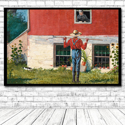 A framed print featuring a painting with a red-roofed house and a man in a red shirt and hat in the foreground.