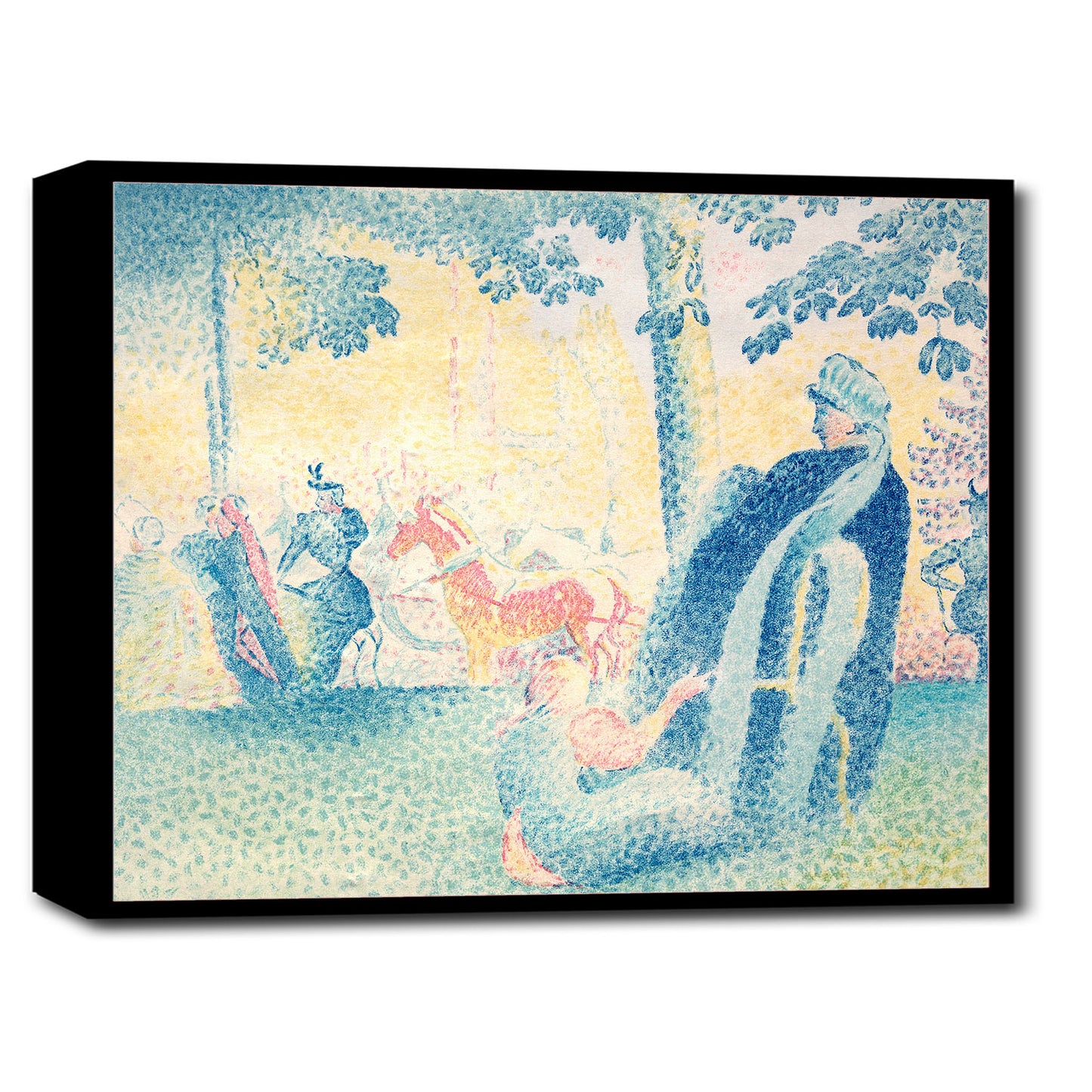 A framed print featuring a painting with Impressionistic qualities, depicting figures in an outdoor setting with trees and a bright sky.