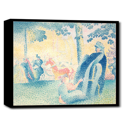 A framed print featuring a painting with Impressionistic qualities, depicting figures in an outdoor setting with trees and a bright sky.