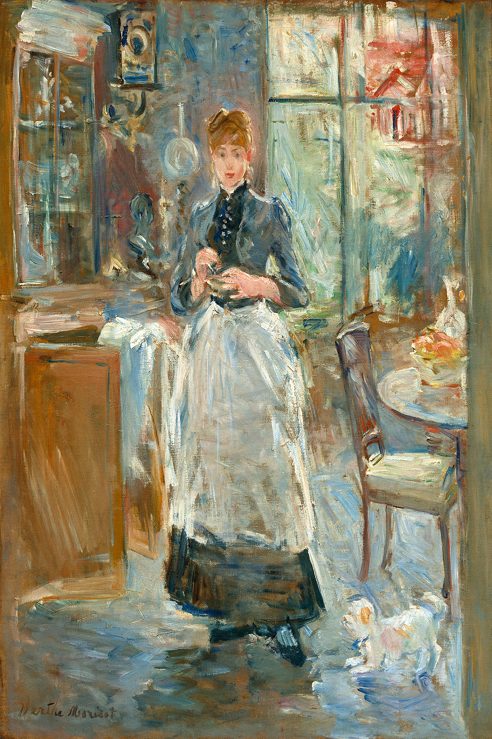 A framed painting depicting a woman seated in a room, engaging in needlework. The painting has a soft, muted color palette and captures a moment of domestic life.