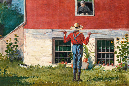 A framed print featuring a painting with a red-roofed house and a man in a red shirt and hat in the foreground.