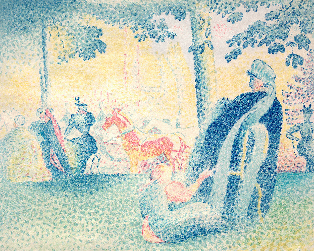 A framed print featuring a painting with Impressionistic qualities, depicting figures in an outdoor setting with trees and a bright sky.