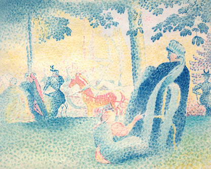 A framed print featuring a painting with Impressionistic qualities, depicting figures in an outdoor setting with trees and a bright sky.