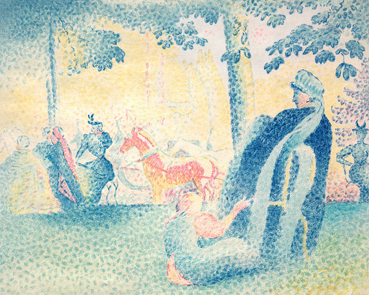 A framed print featuring a painting with Impressionistic qualities, depicting figures in an outdoor setting with trees and a bright sky.