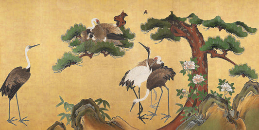 Japanese cranes with Bamboo Vintage Ink and Color on Paper by Kano School