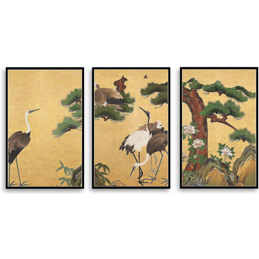 Japanese cranes with Bamboo Vintage Ink and Color on Paper by Kano School  | Choose Style | Size & Trim Color