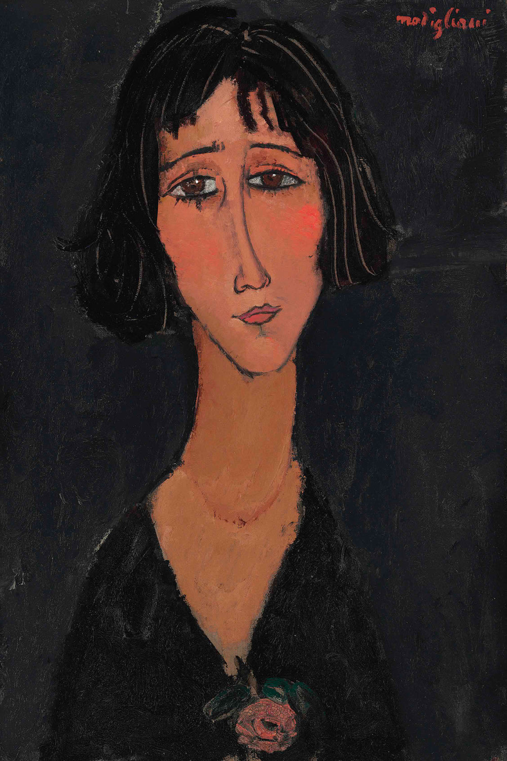 A framed portrait painting of a young woman with short hair, wearing a dark garment and a necklace, set against a dark background. The artist's signature is visible in the top right corner.