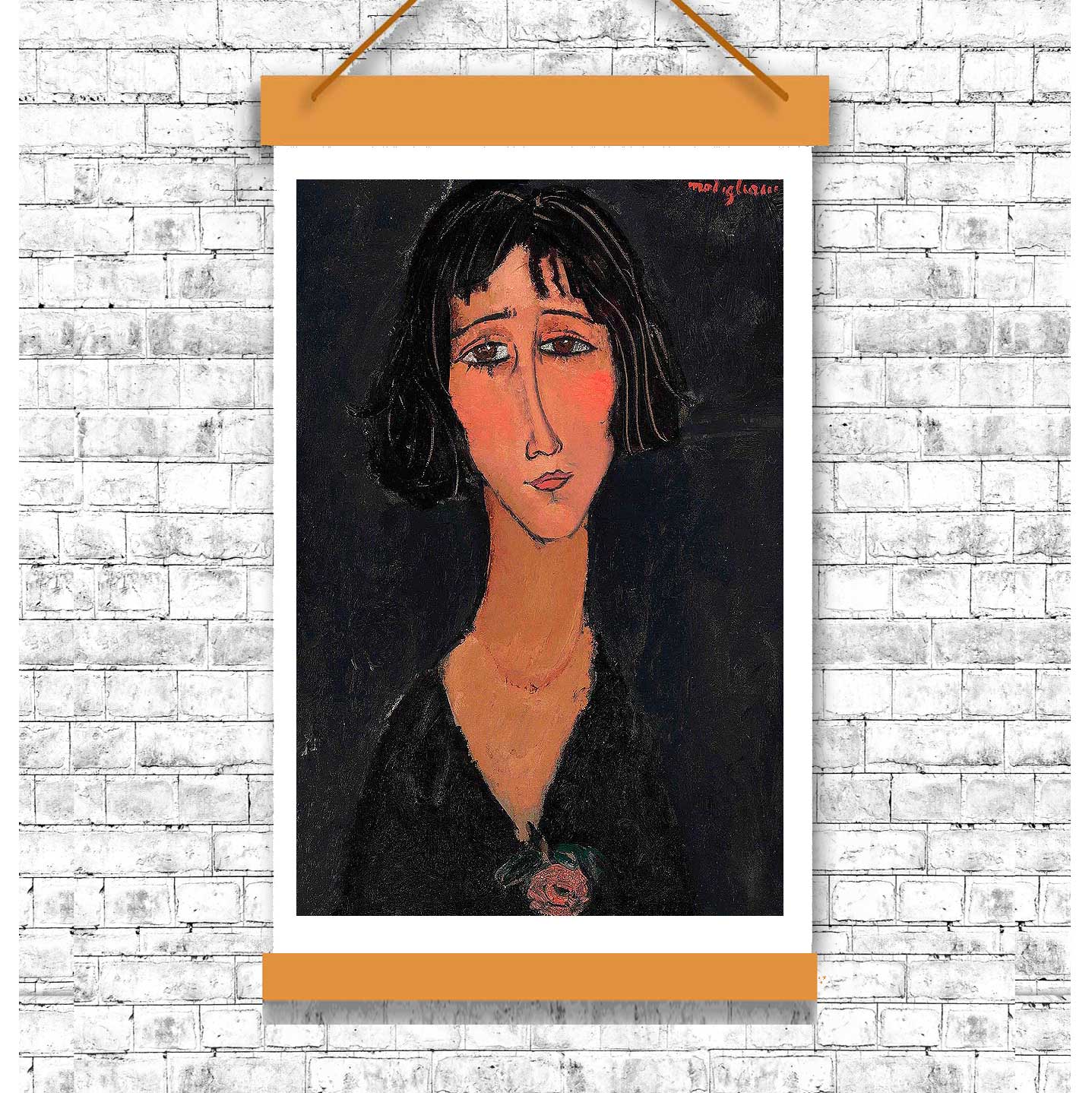 A framed portrait painting of a young woman with short hair, wearing a dark garment and a necklace, set against a dark background. The artist's signature is visible in the top right corner.