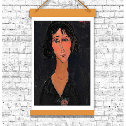 A framed portrait painting of a young woman with short hair, wearing a dark garment and a necklace, set against a dark background. The artist's signature is visible in the top right corner.