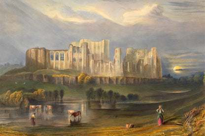 A framed print of Kenilworth Castle with a scenic landscape in the background, available with different mounting options.