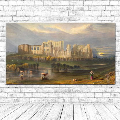 A framed print of Kenilworth Castle with a scenic landscape in the background, available with different mounting options.
