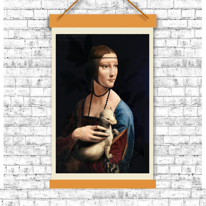 A printed reproduction of the painting 'Lady with an Ermine' by Leonardo da Vinci, showing a woman in Renaissance attire holding a small animal, with options for mounting or framing the print.