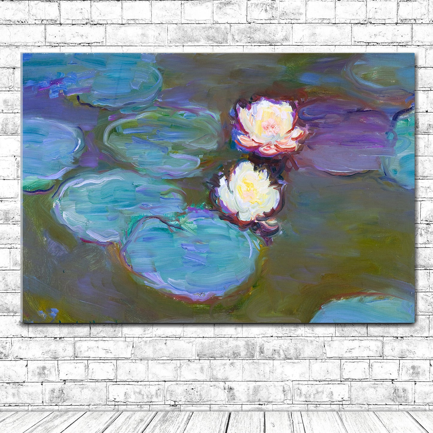 A printed art piece featuring two waterlilies on a pond, with a signature in the bottom right corner, presented in landscape orientation.
