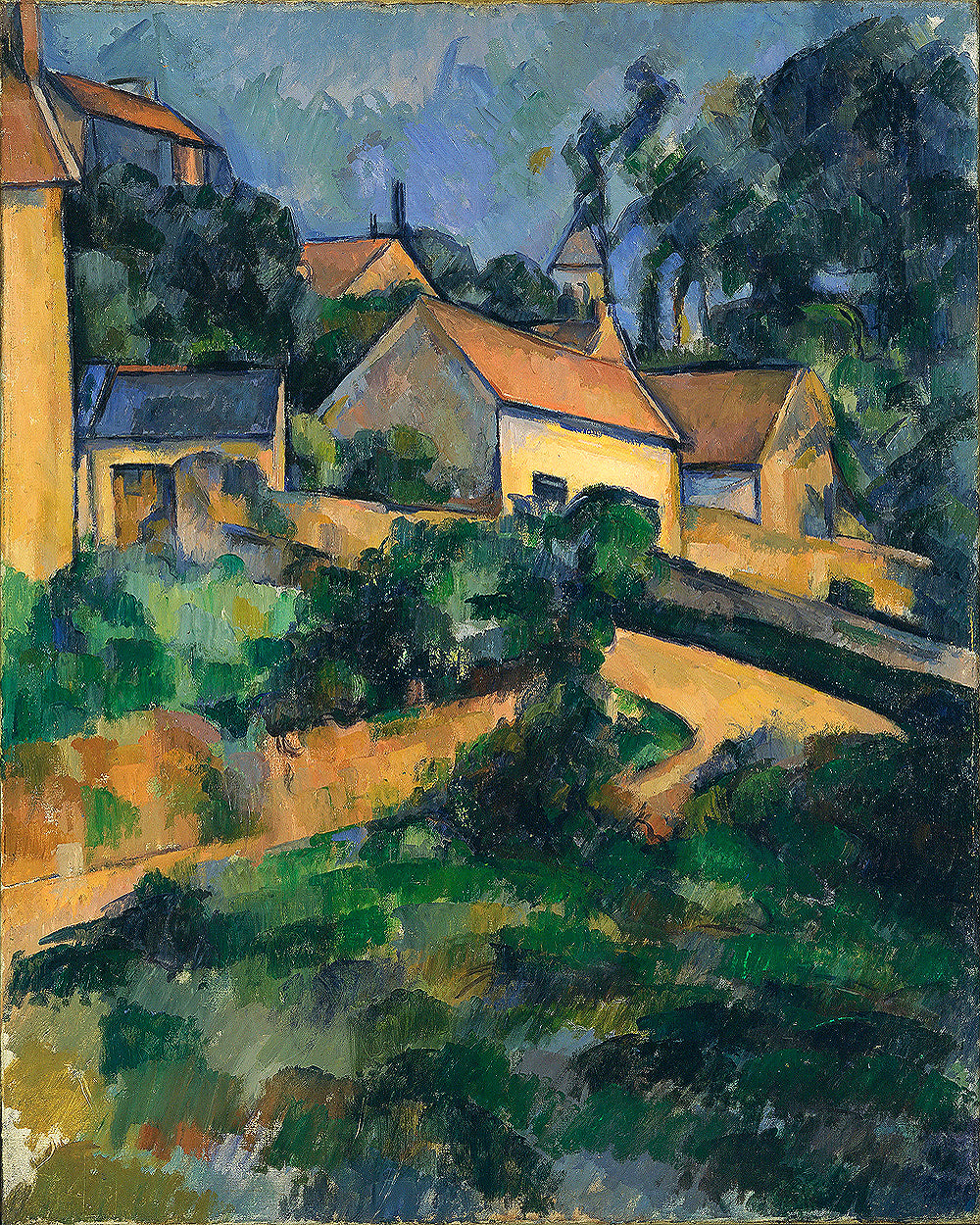 A framed print of a painting featuring a rural scene with trees and houses, in a style reminiscent of Post-Impressionism.
