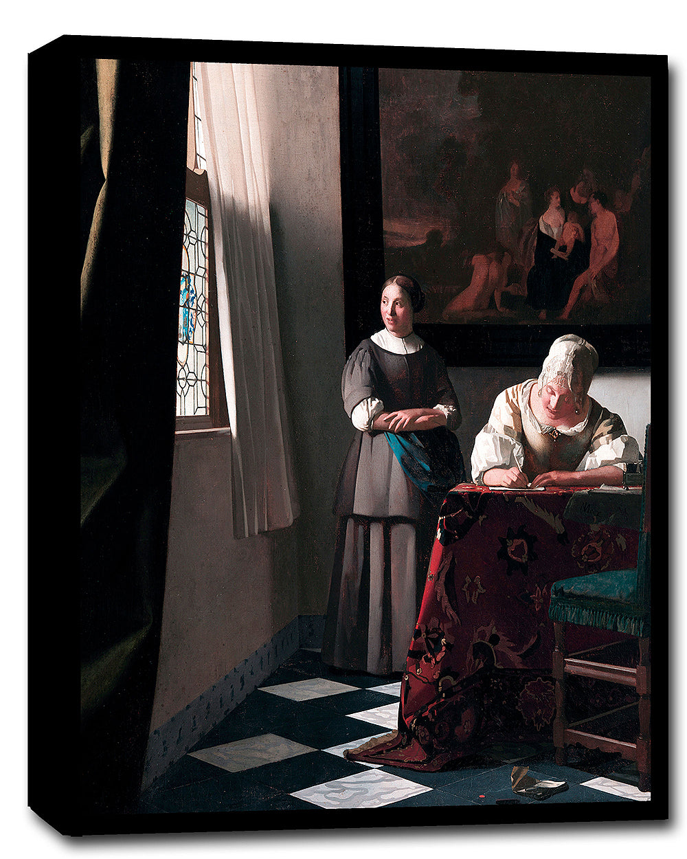 A printed art piece featuring two women, one seated at a desk writing and the other standing beside her, in a room with wooden beams and a window.