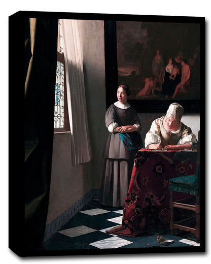 A printed art piece featuring two women, one seated at a desk writing and the other standing beside her, in a room with wooden beams and a window.