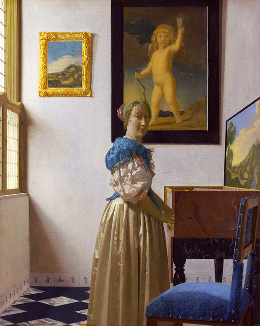 A framed print of 'Lady Standing at a Virginal' by Johannes Vermeer, depicting a woman in historical attire standing near a musical instrument, with a decorative board and a picture of an angel on the wall in the background.