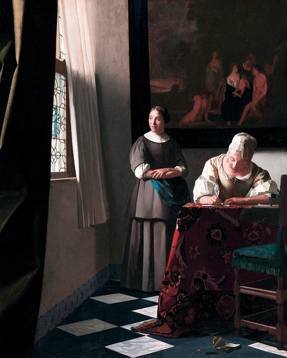 A printed art piece featuring two women, one seated at a desk writing and the other standing beside her, in a room with wooden beams and a window.