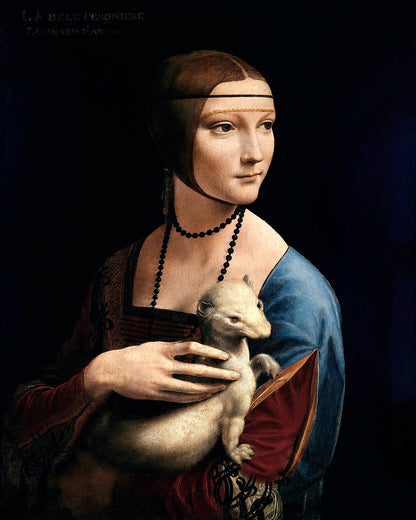 A printed reproduction of the painting 'Lady with an Ermine' by Leonardo da Vinci, showing a woman in Renaissance attire holding a small animal, with options for mounting or framing the print.