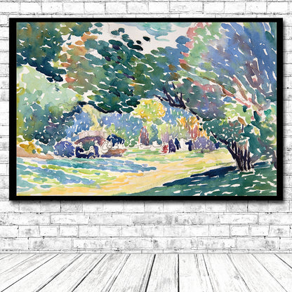 A framed print of a landscape painting featuring trees and an outdoor scene with visible brushstrokes.
