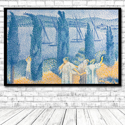 A framed print of 'Landscape with Cypresses' by Henri Cross, featuring a scenic view with cypress trees and a body of water in the background.