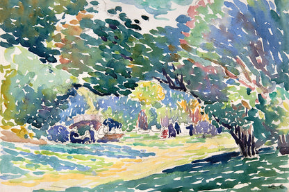 A framed print of a landscape painting featuring trees and an outdoor scene with visible brushstrokes.
