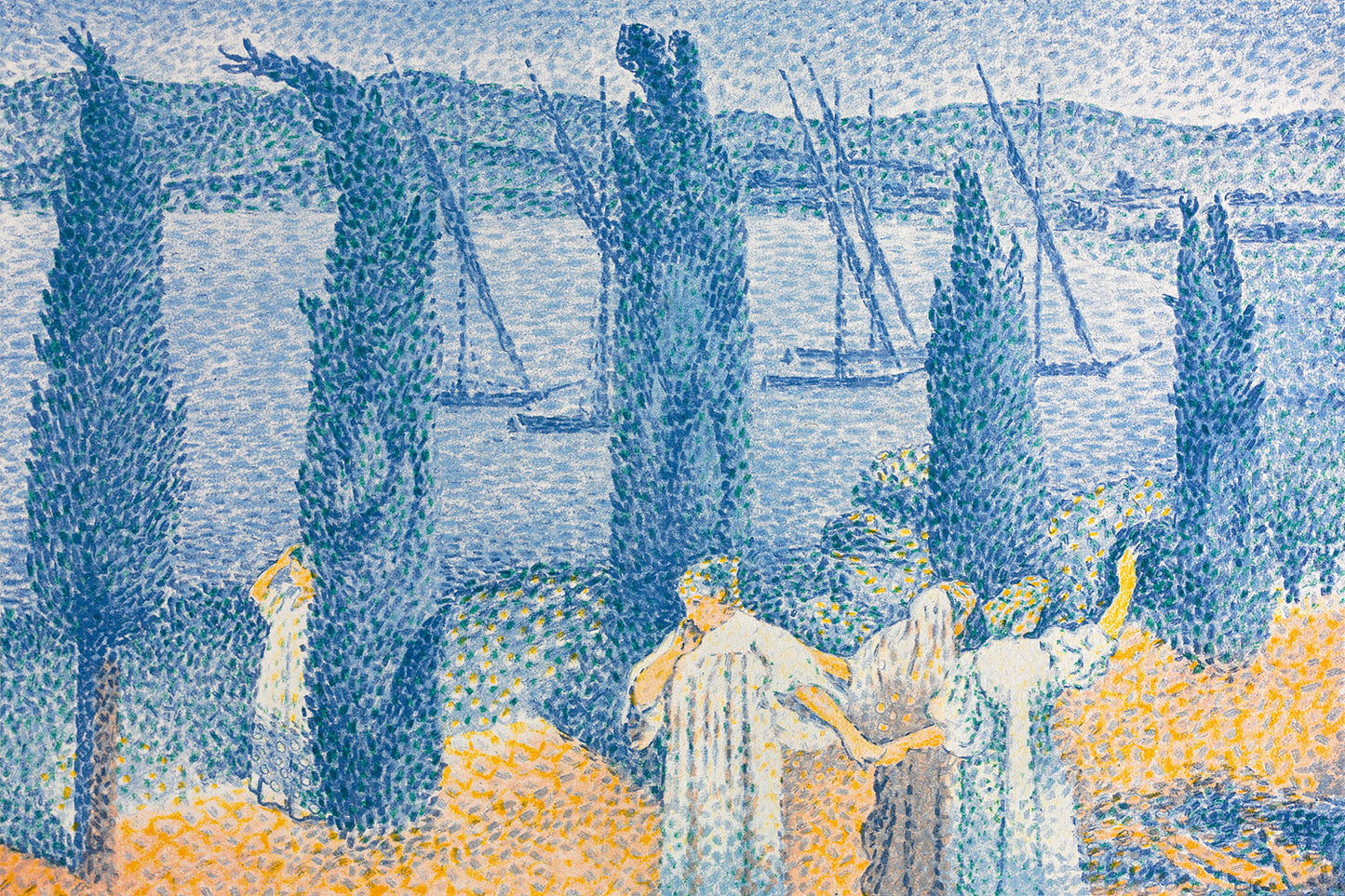 A framed print of 'Landscape with Cypresses' by Henri Cross, featuring a scenic view with cypress trees and a body of water in the background.