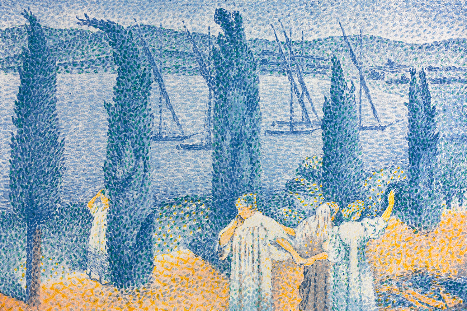 A framed print of 'Landscape with Cypresses' by Henri Cross, featuring a scenic view with cypress trees and a body of water in the background.