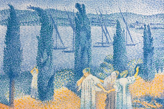 A framed print of 'Landscape with Cypresses' by Henri Cross, featuring a scenic view with cypress trees and a body of water in the background.