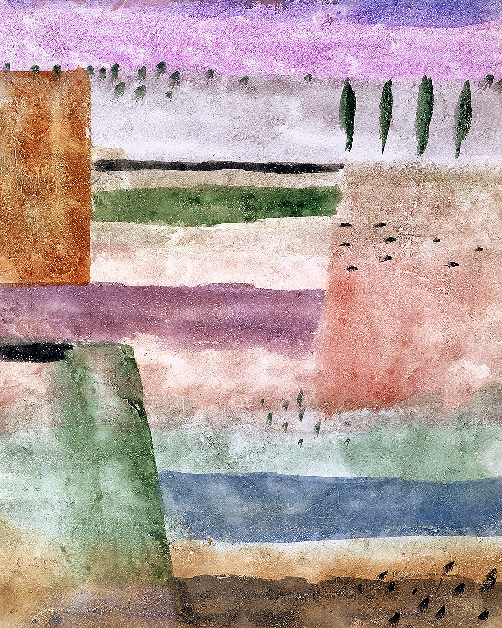 A framed print of 'Landscape with Poplars' by Paul Klee, featuring an abstract composition with geometric shapes in various colors.