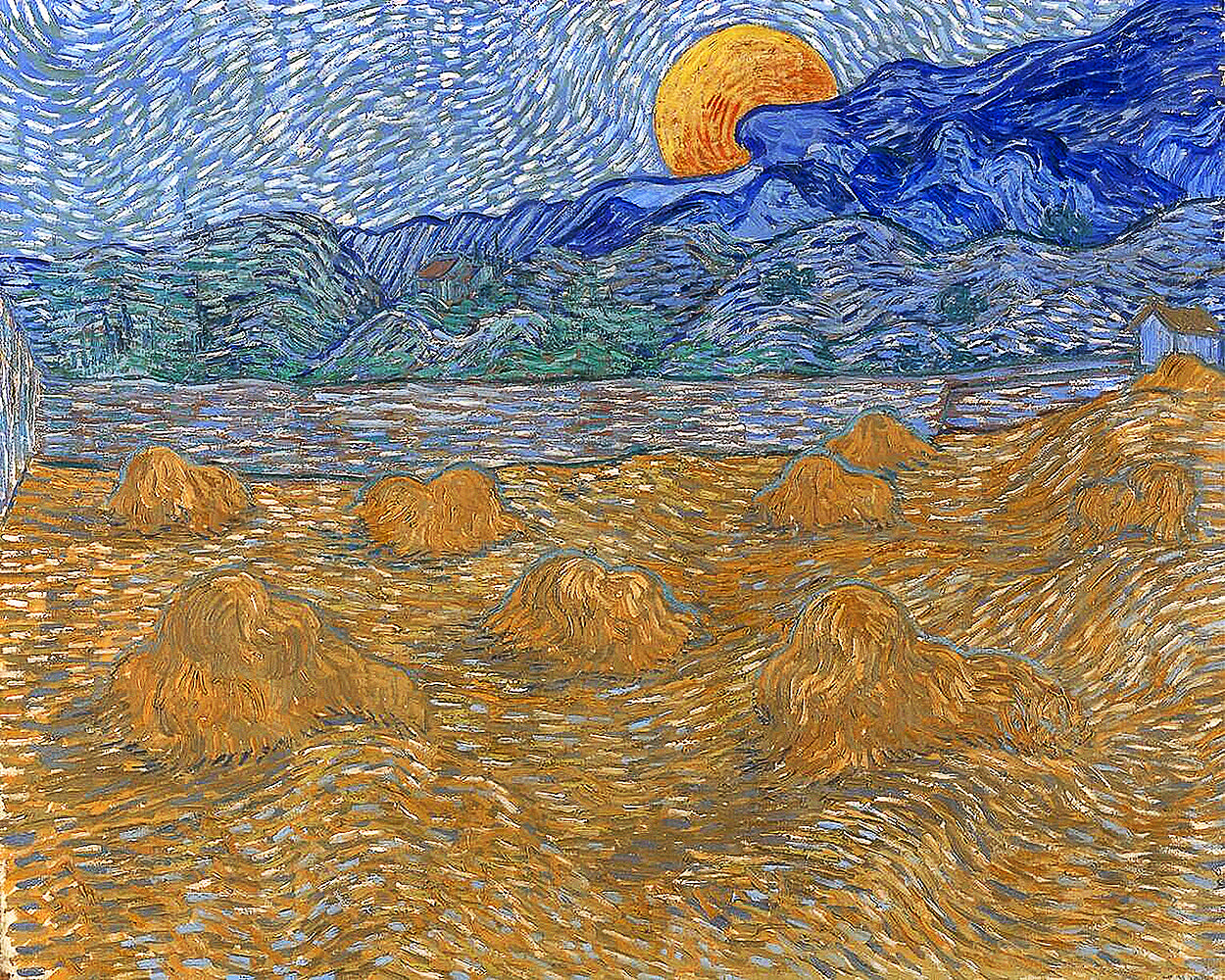 Landscape with Wheat Sheaves and Rising Moon by Vincent van Gogh - Buy Print Only or Mounted with Choice of Accent Color