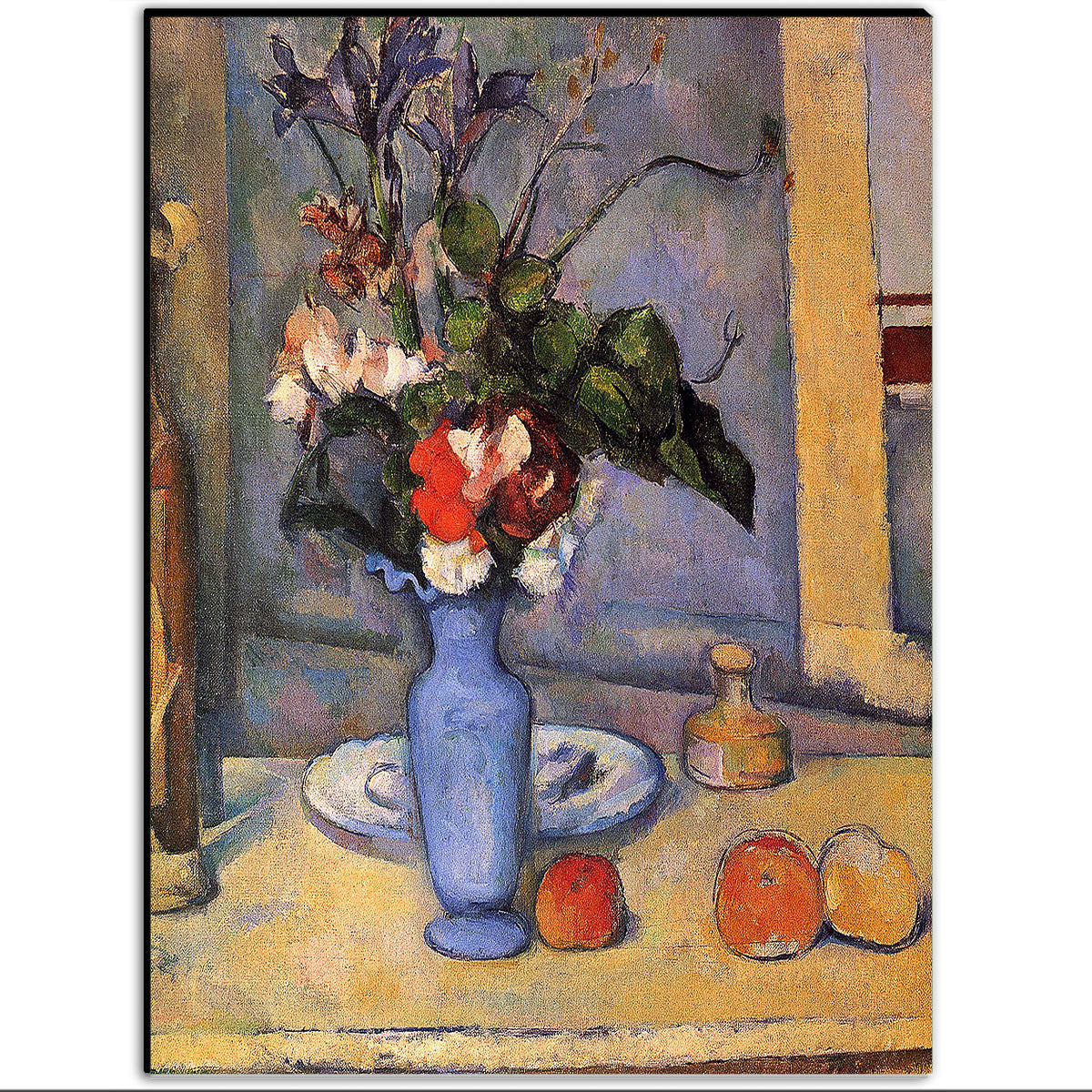 A framed print of 'Le Vase bleu' by Paul Cezanne, depicting a still life with a blue vase, flowers, and fruit on a table.